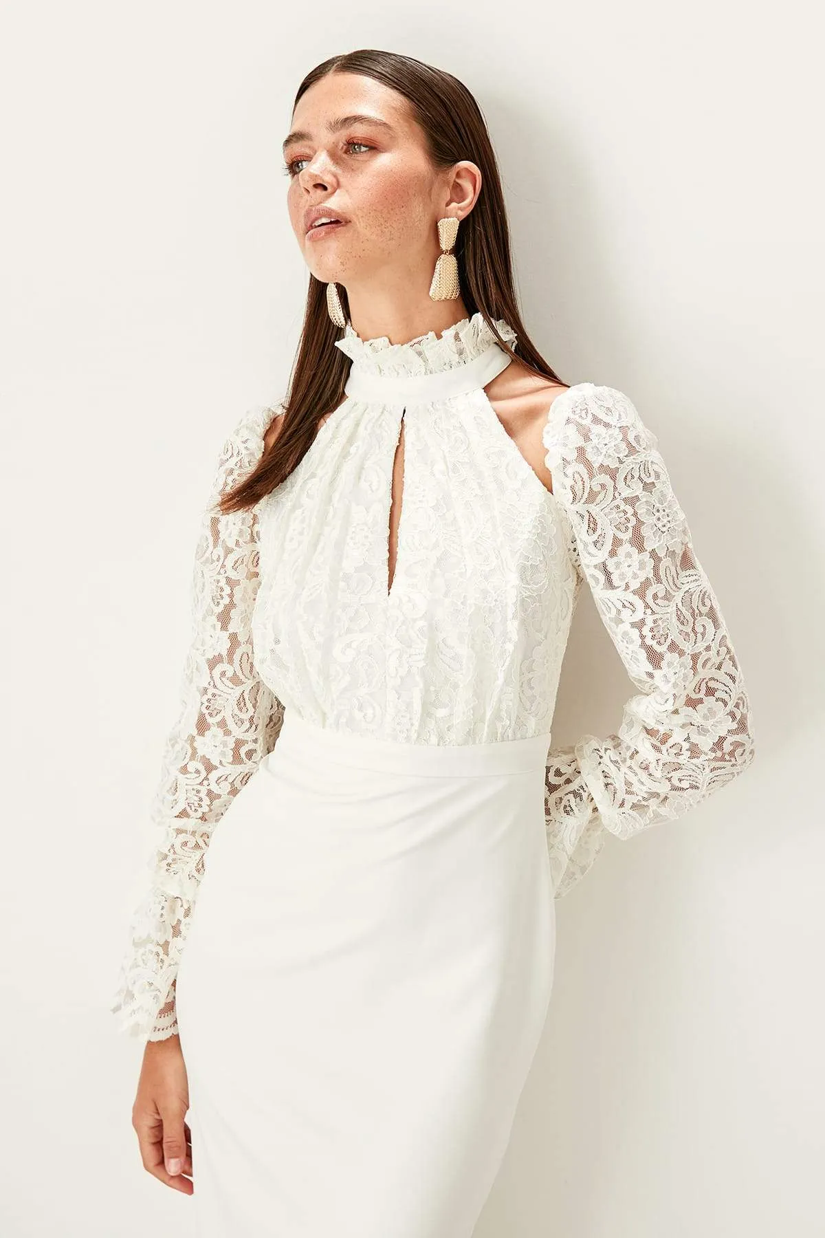 10904 Ecru High Collar Lace Pencil Dress