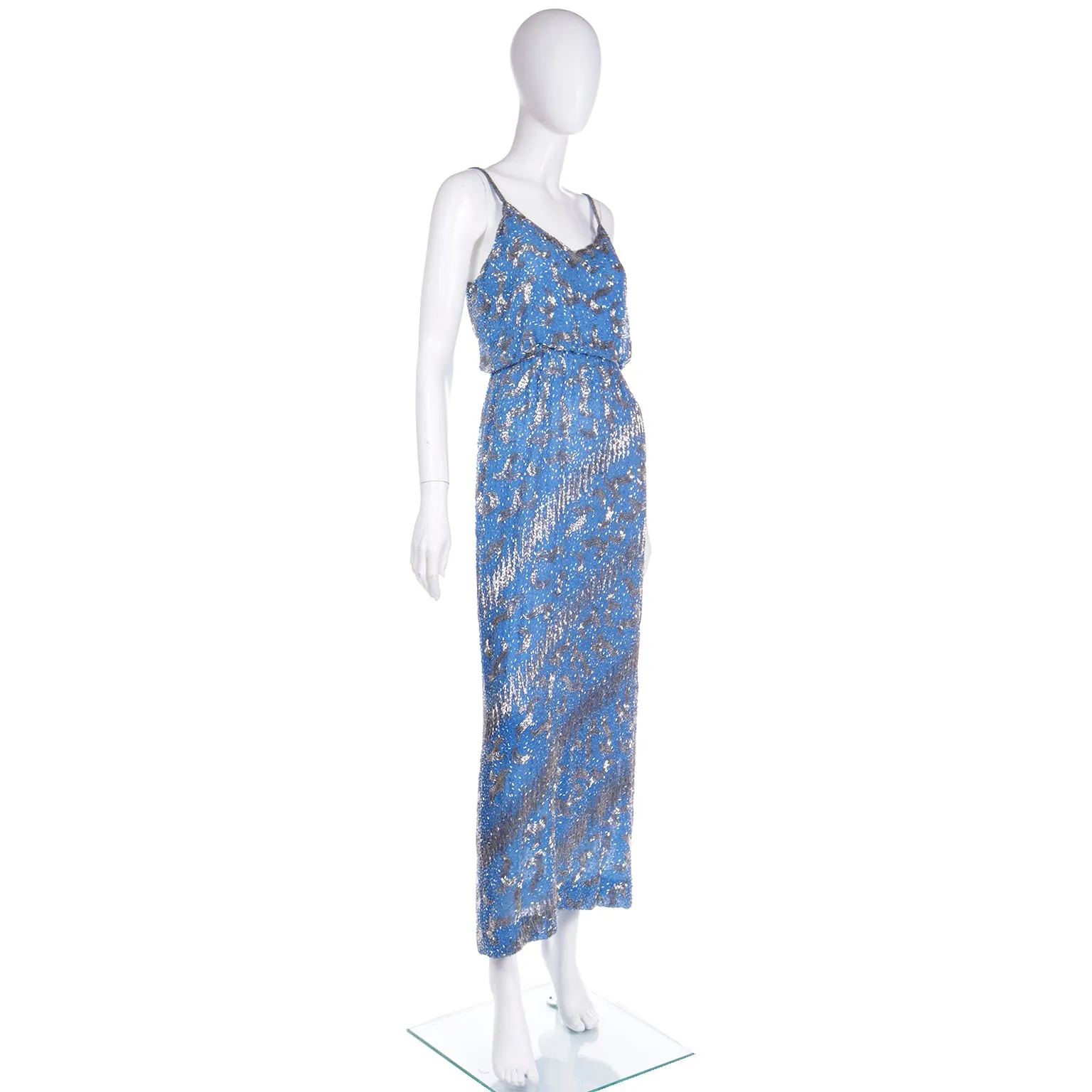 1960s Victoria Royal Vintage Beaded Silk Dress Silver & Blue Evening Gown