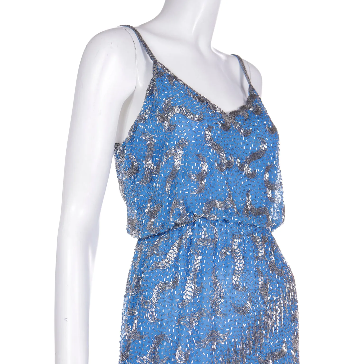 1960s Victoria Royal Vintage Beaded Silk Dress Silver & Blue Evening Gown