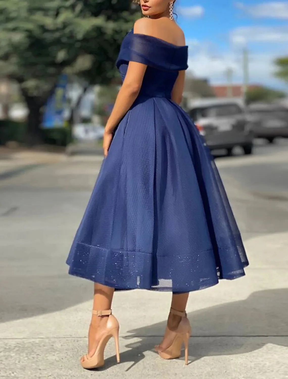 A-Line Cocktail Dresses Vintage Dress Wedding Guest Tea Length Sleeveless Off Shoulder Tulle with Pleats