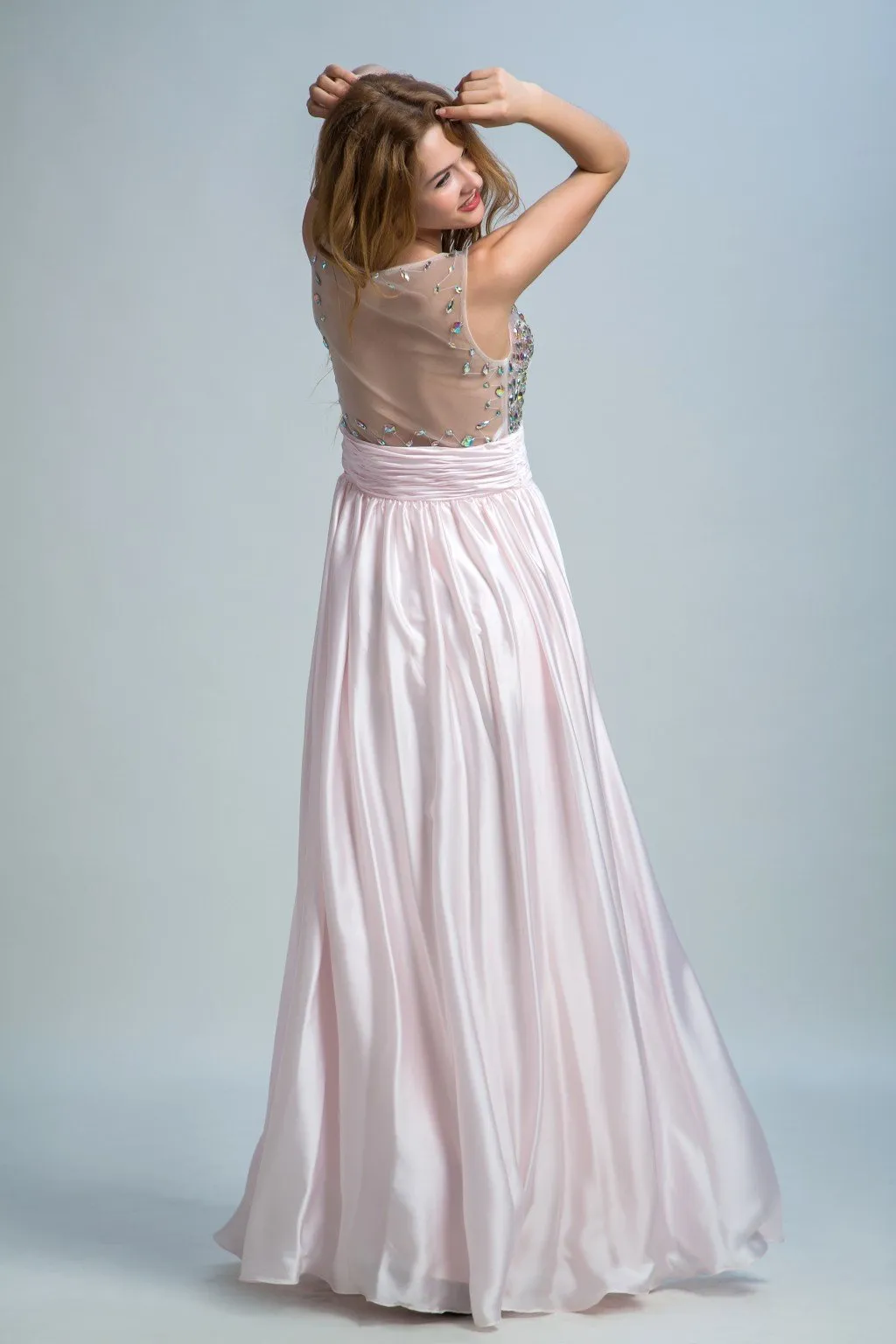 A-line Illusion Floor-Length Satin Rhine Stone Prom Dresses 2924