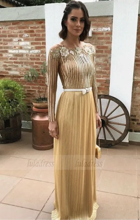 Applique Gold Long Sleeve Prom Dresses