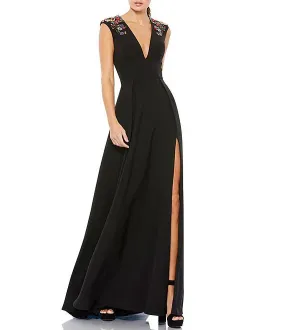 Beaded Shoulder Deep V-Neck Cap Sleeve Thigh High Slit A-Line Gown Formal Cocktail Dresses