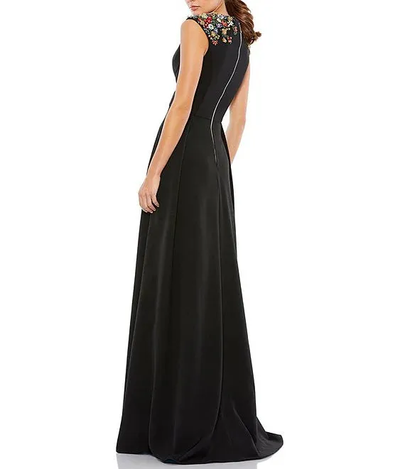 Beaded Shoulder Deep V-Neck Cap Sleeve Thigh High Slit A-Line Gown Formal Cocktail Dresses