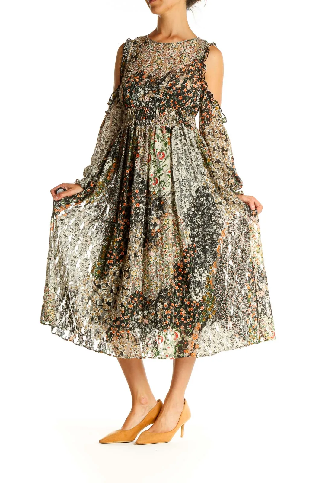 Beige Floral Print Lace Day Fit & Flare Dress