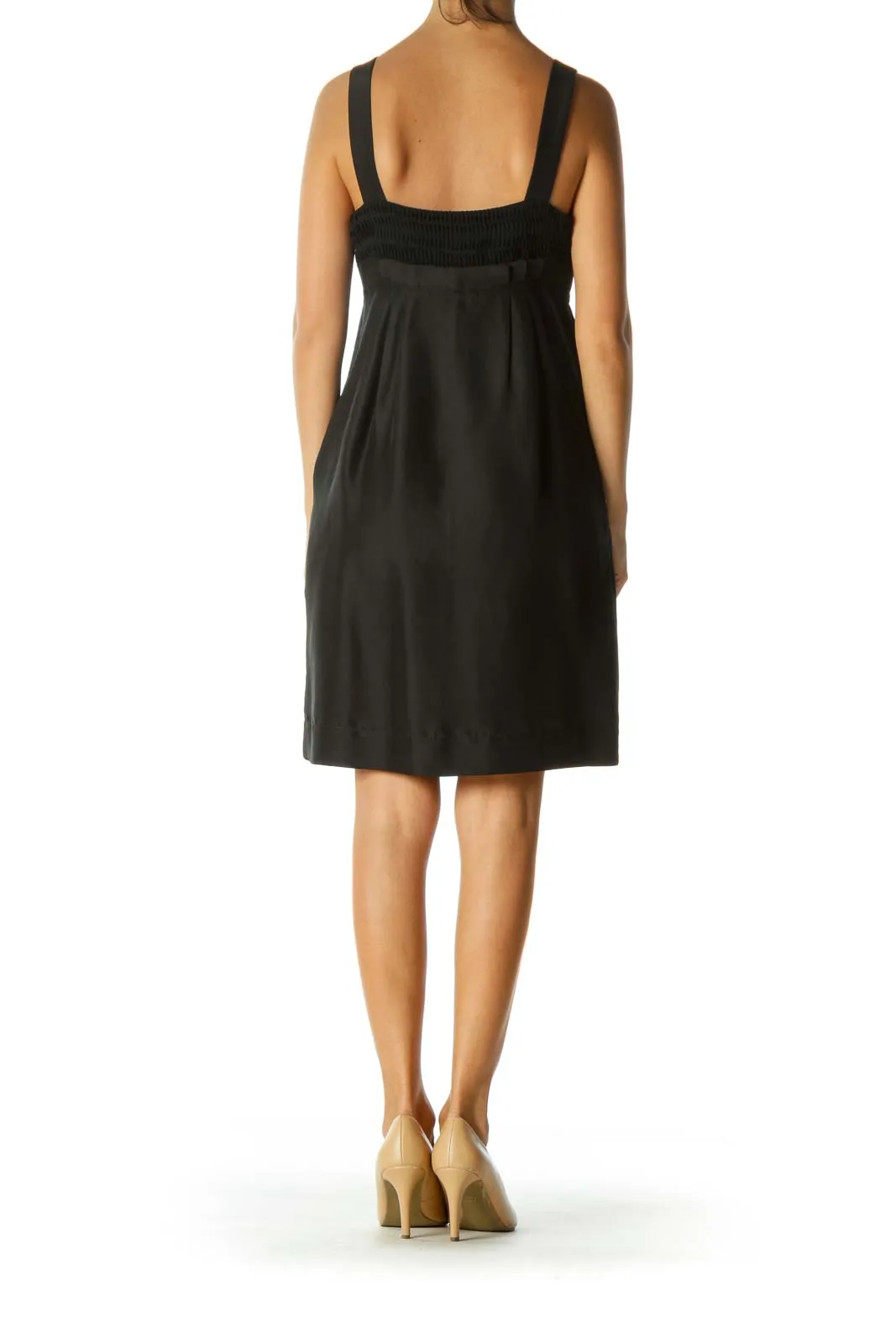 Black 100% Silk Pleated A-Line Sleeveless Cocktail Dress