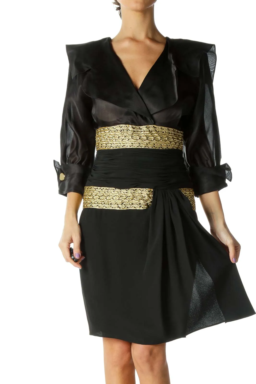 Black & Gold Puff Sleeve Evening Gown