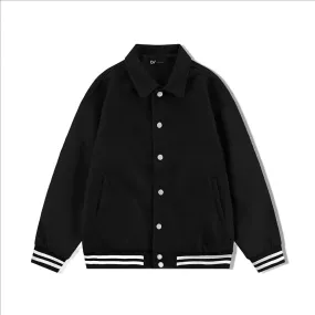 Black Byron Collar Wool & Leather Varsity Jacket With White Stripes - Jack N Hoods