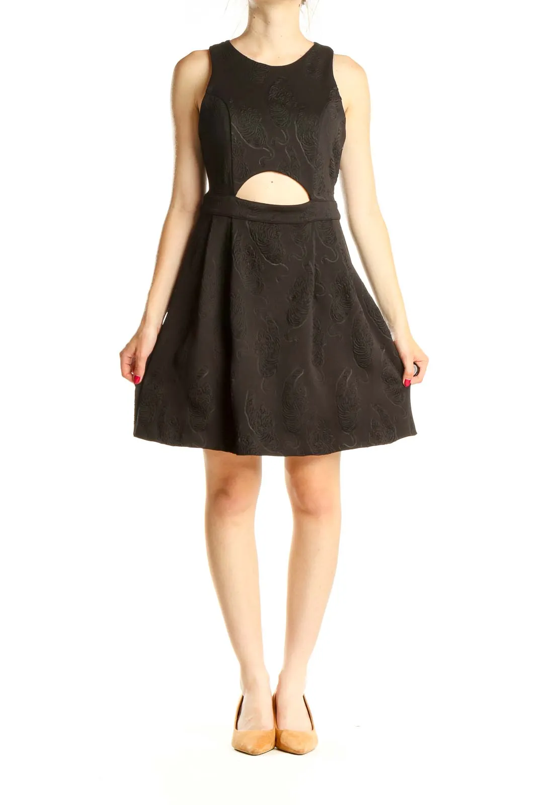 Black Embossed Cocktail Fit & Flare Dress With Cutout