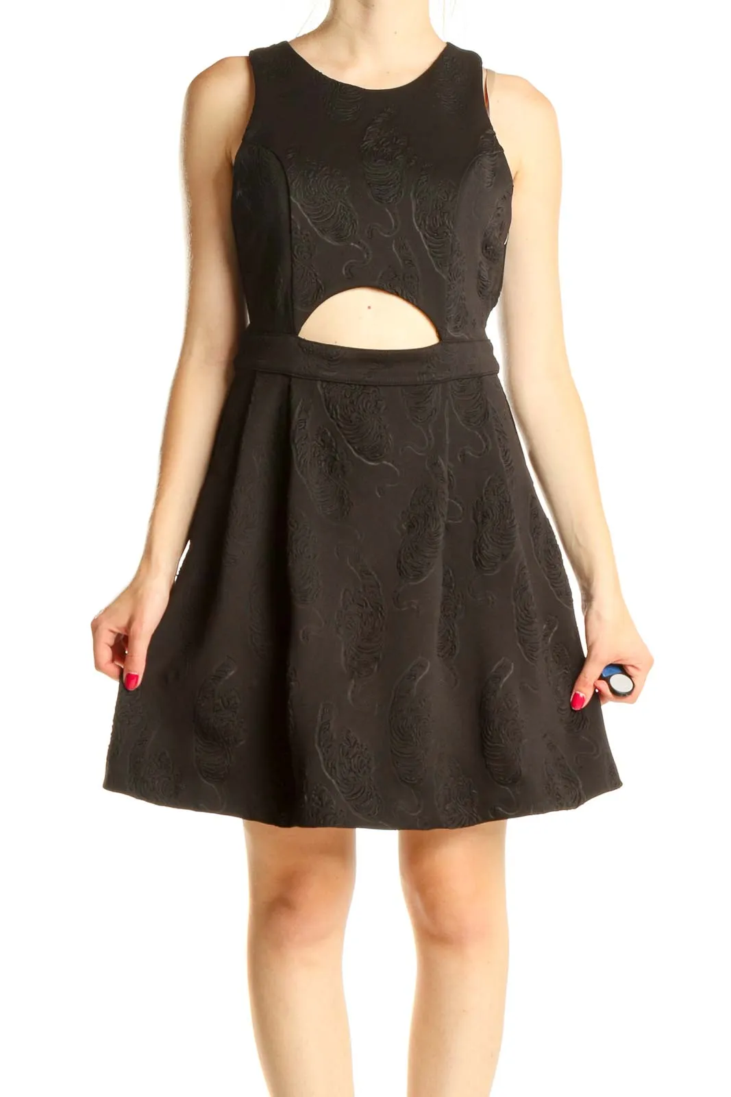 Black Embossed Cocktail Fit & Flare Dress With Cutout