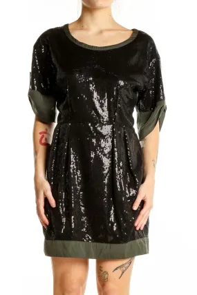 Black Sequin Cocktail Dress with Olive Trim