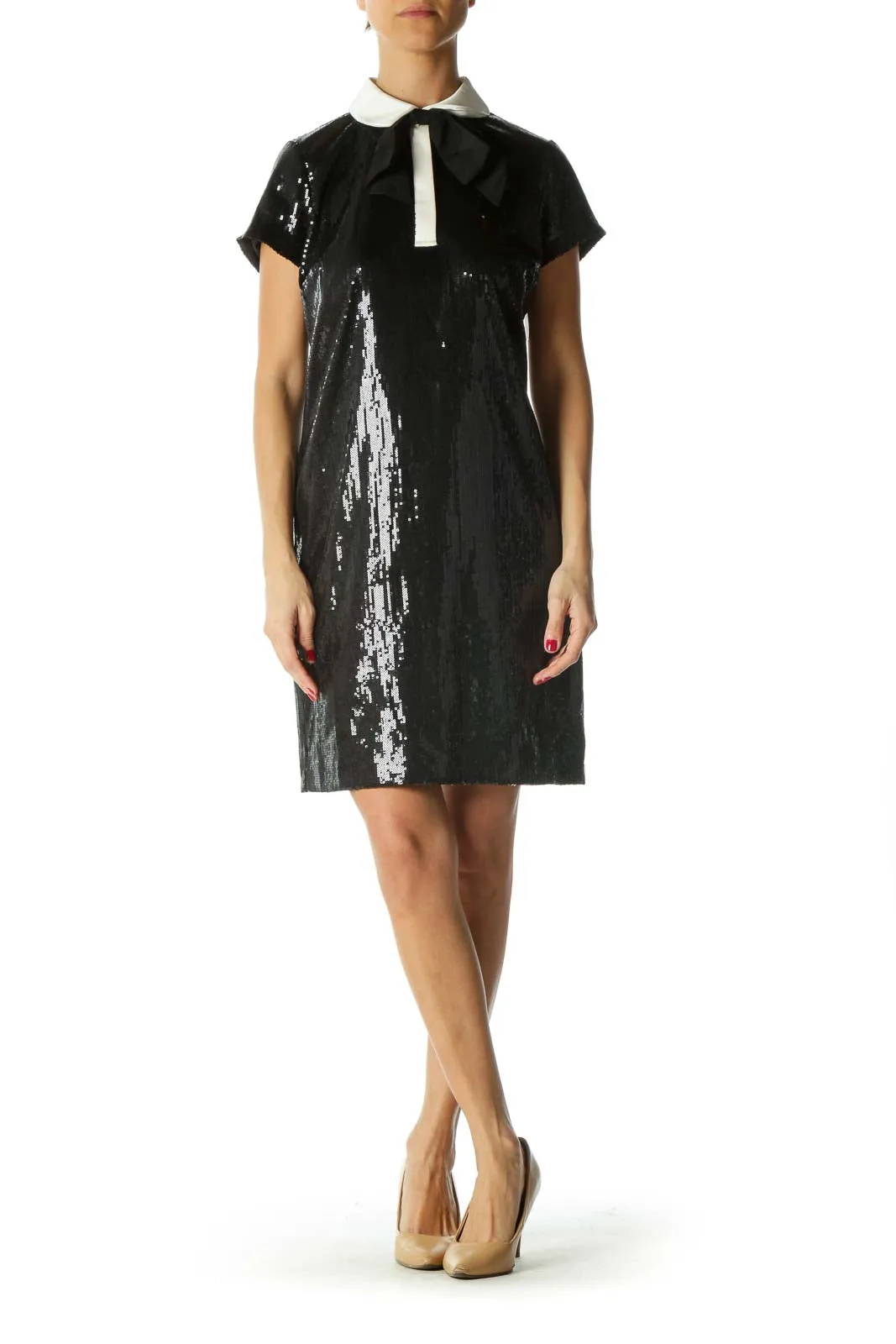 Black Sequined Shift Dress with Collar