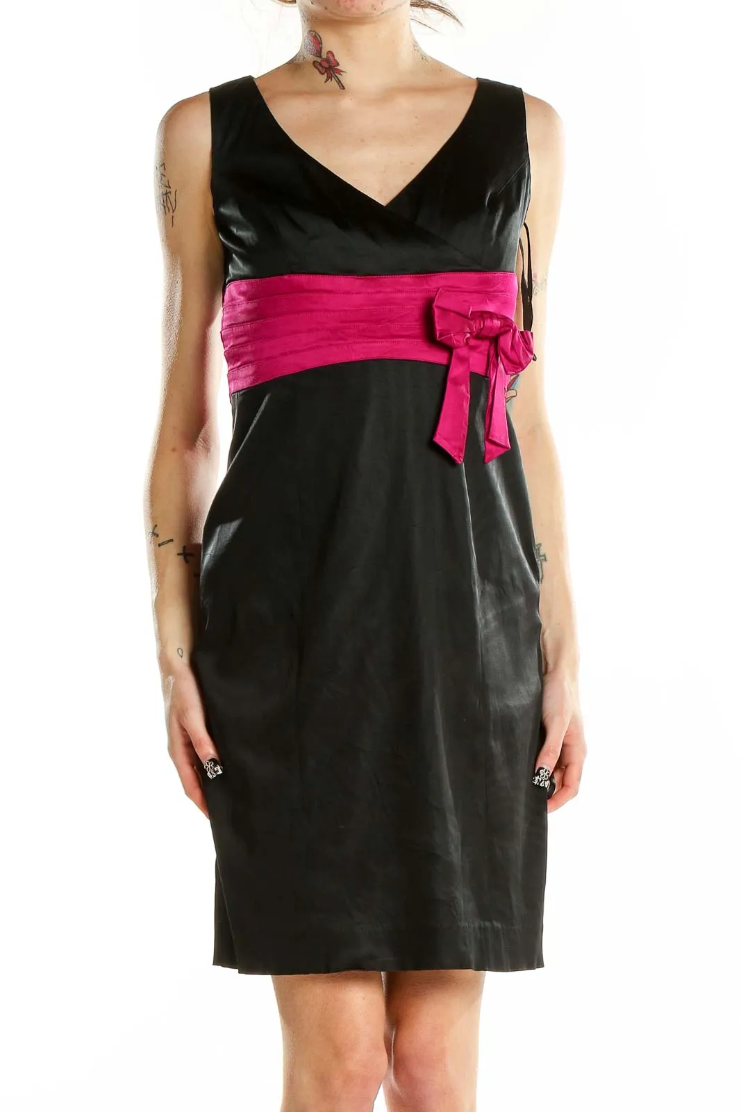 Black Sleeveless Cocktail Dress with Pink Sash