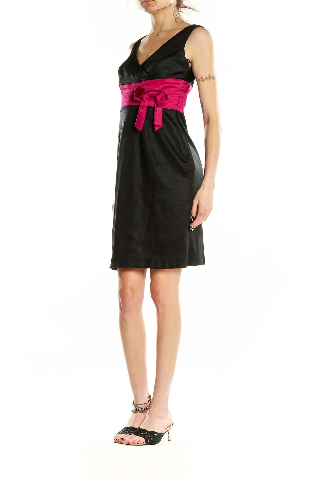 Black Sleeveless Cocktail Dress with Pink Sash