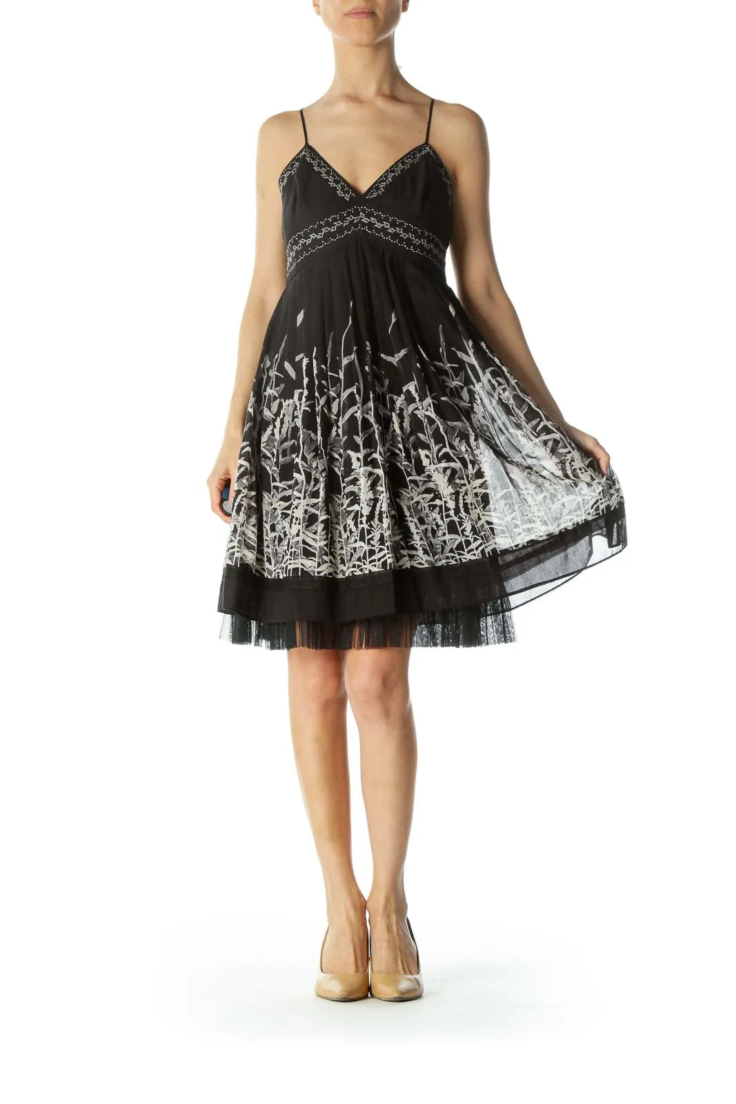 Black/Gray/White Plant-Print Pleated Upper-Stitching Cocktail Dress