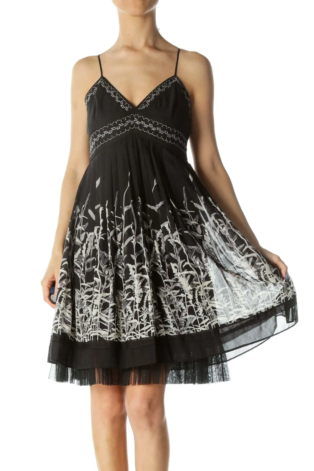 Black/Gray/White Plant-Print Pleated Upper-Stitching Cocktail Dress