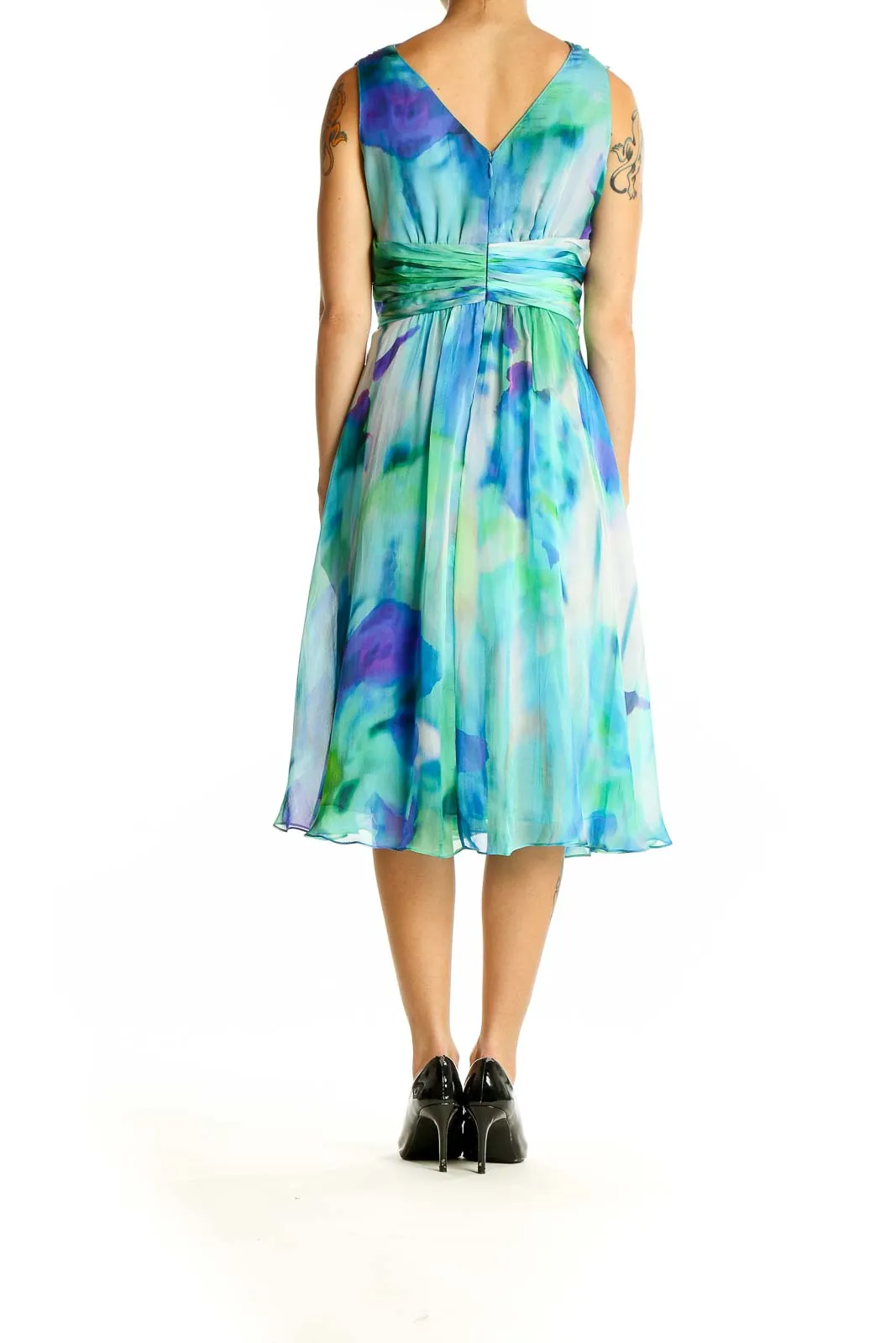 Blue and Green Watercolor Silk Cocktail Dress