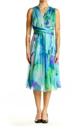 Blue and Green Watercolor Silk Cocktail Dress