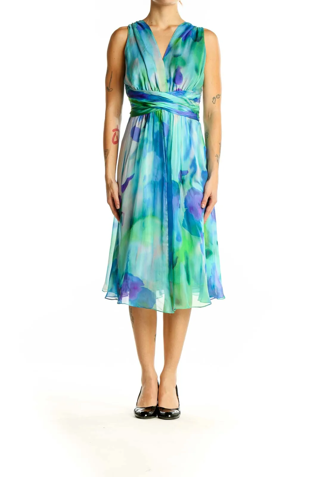 Blue and Green Watercolor Silk Cocktail Dress