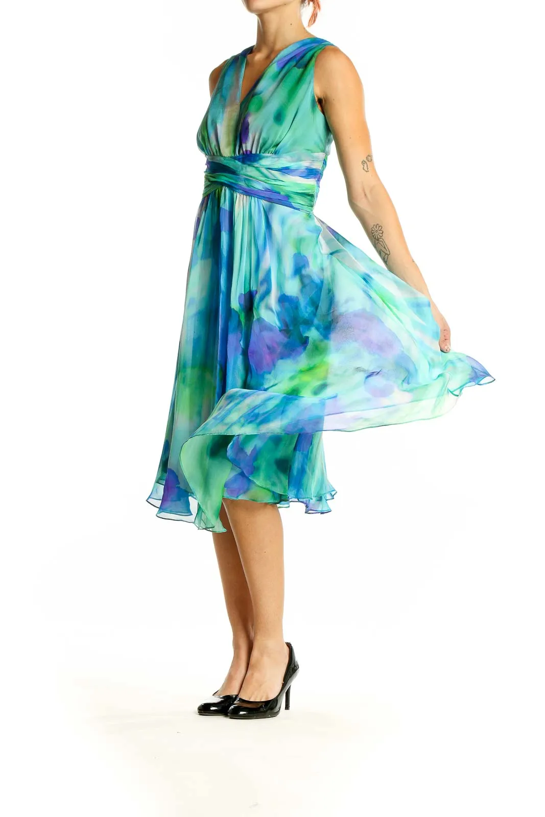 Blue and Green Watercolor Silk Cocktail Dress