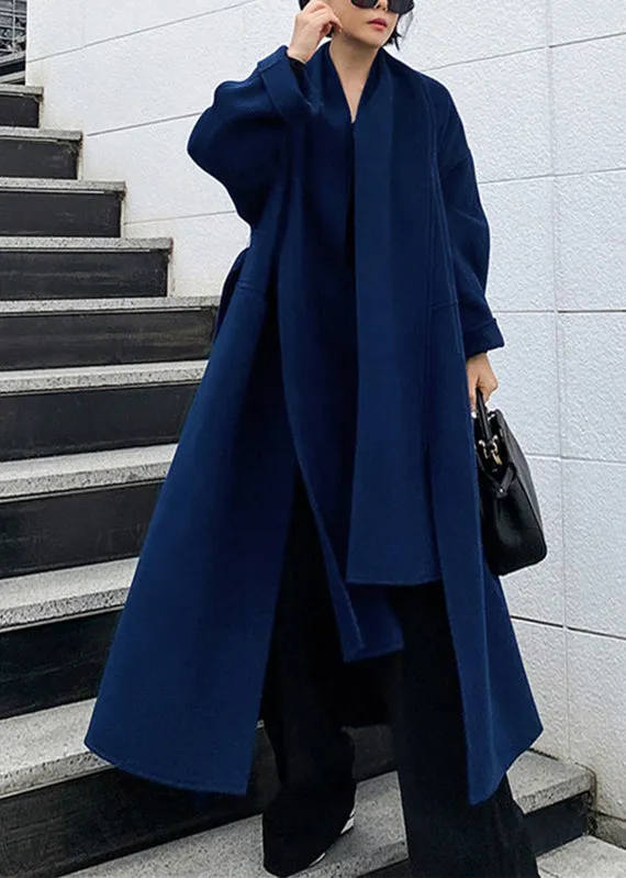 Blue Notched Tie Waist Woolen Coats Long Sleeve