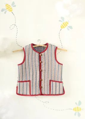 Blue-Red Zinnia Quilted Cotton Reversible Bundi Jacket Unisex (1-7 Years)