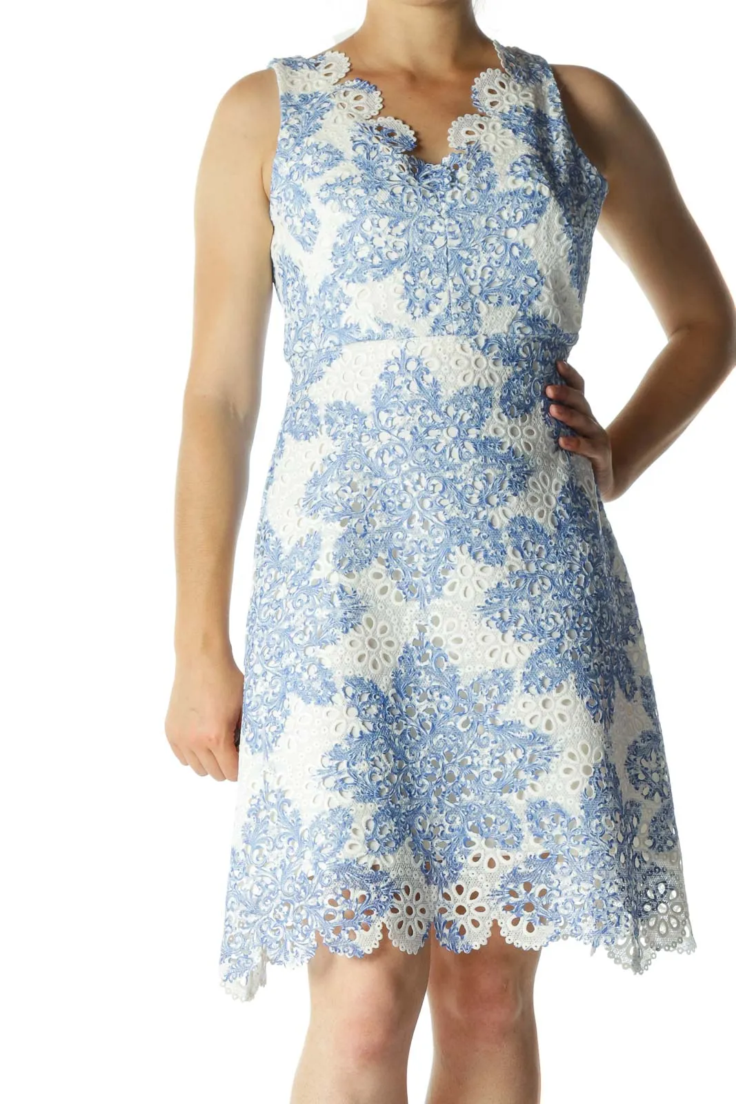 Cream Blue Eyelet Knit Textured Day Dress