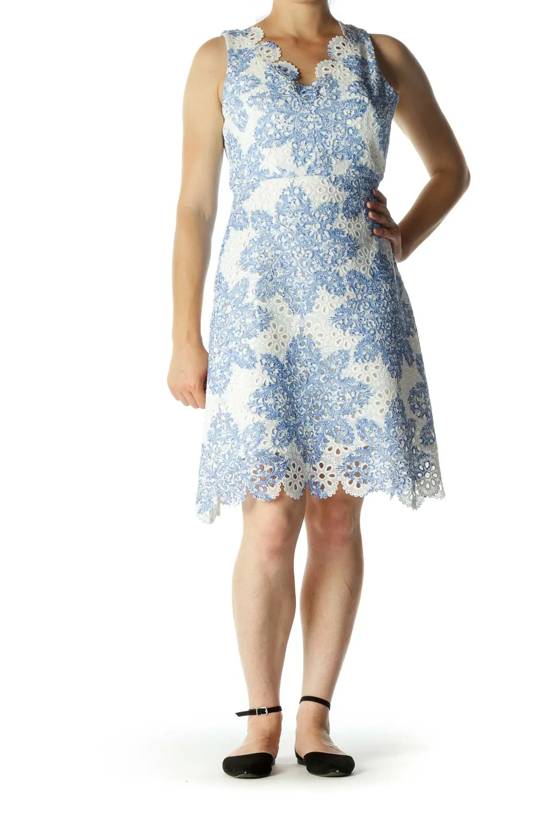 Cream Blue Eyelet Knit Textured Day Dress