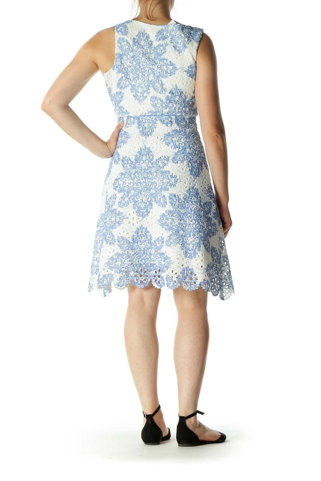 Cream Blue Eyelet Knit Textured Day Dress