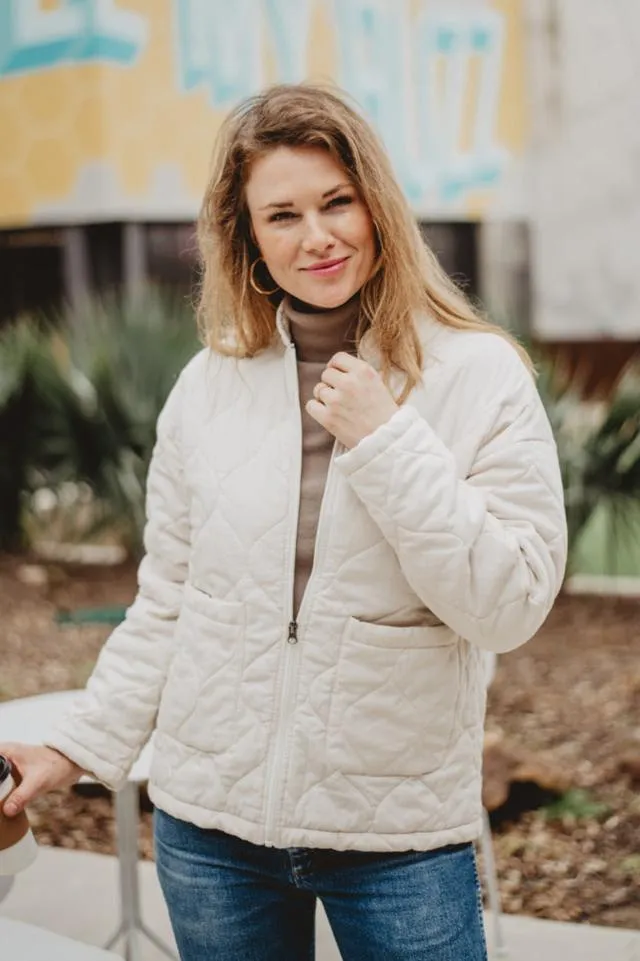 Cream Cute Garment Washed Quilted Jacket