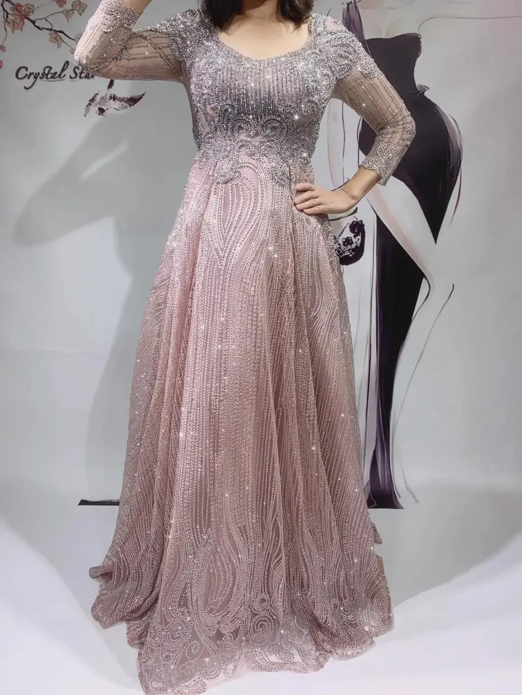 Dubai Luxury Beaded Long Sleeves Evening Dress