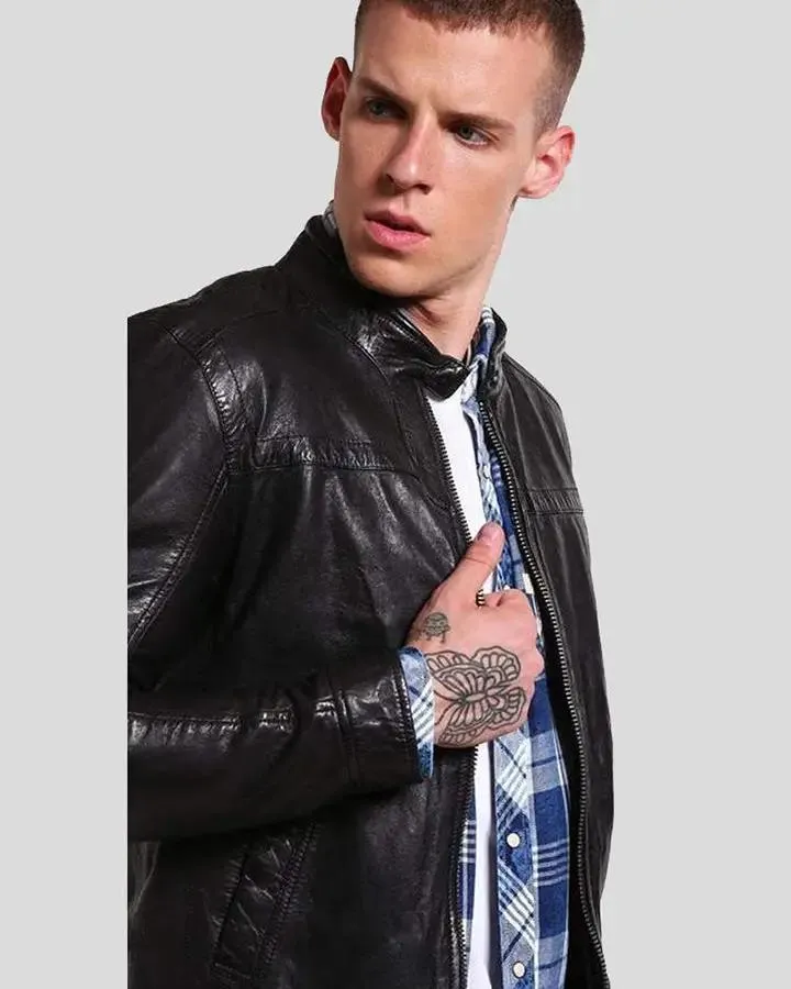 Ferd Black Slim Fit Leather Racer Jacket