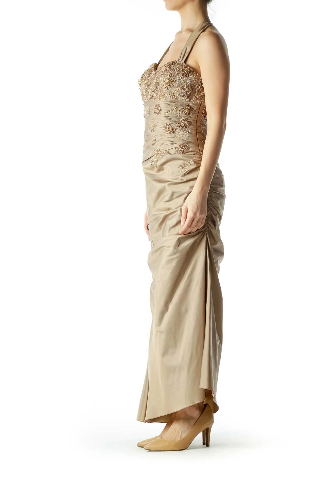 Gold Sweetheart Neckline Halter Evening Dress