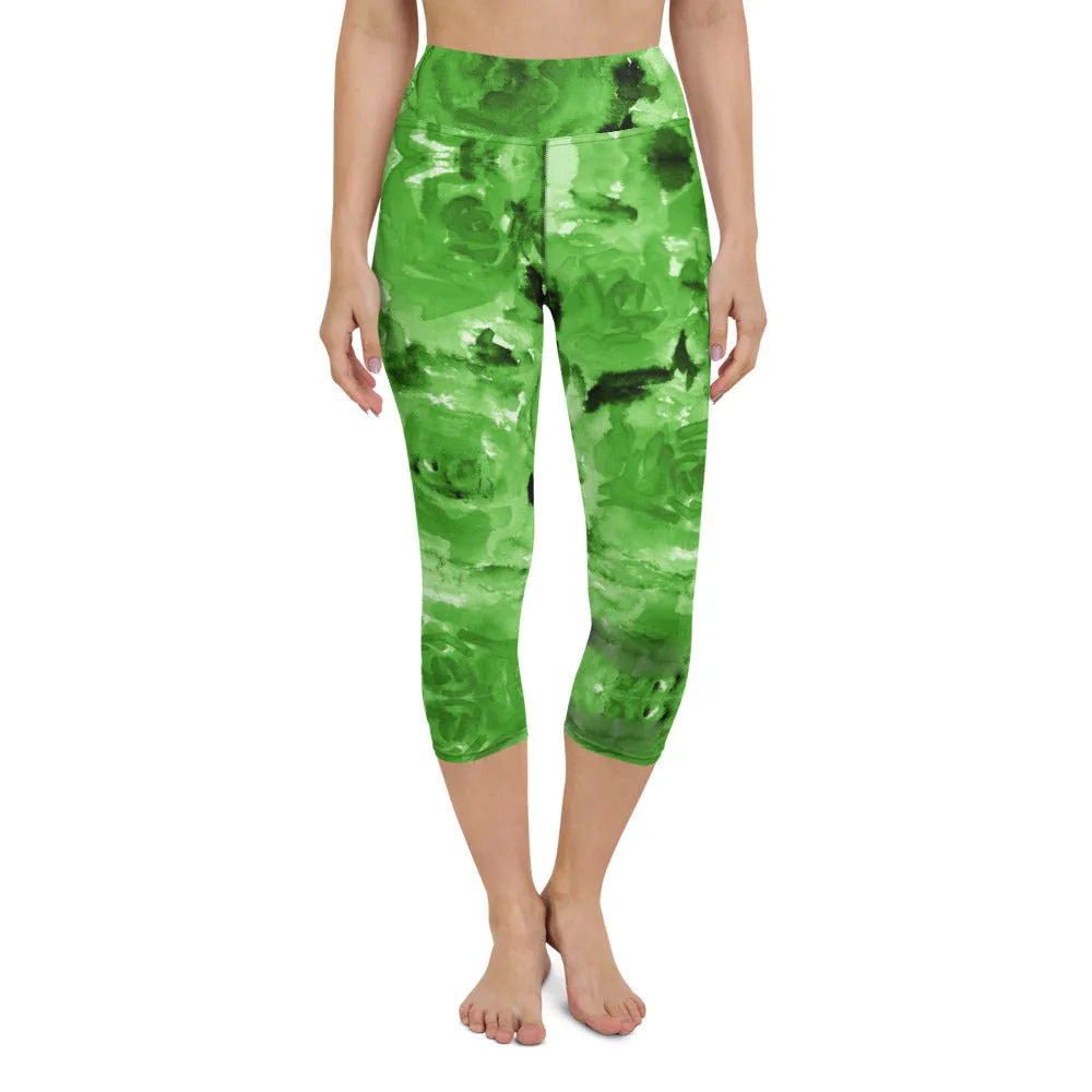 Green Abstract Yoga Capri Leggings, Fun Colorful Green Women's Capris Tights-Made in USA/EU