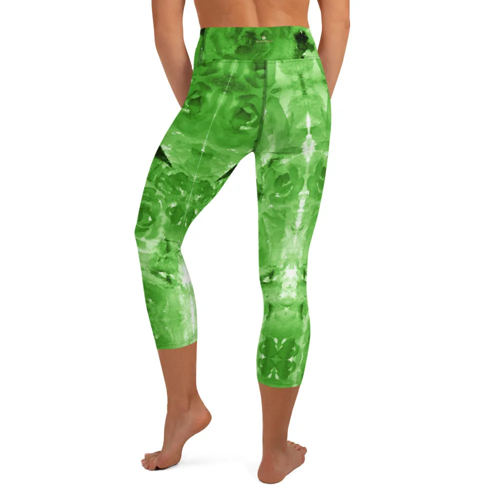 Green Abstract Yoga Capri Leggings, Fun Colorful Green Women's Capris Tights-Made in USA/EU