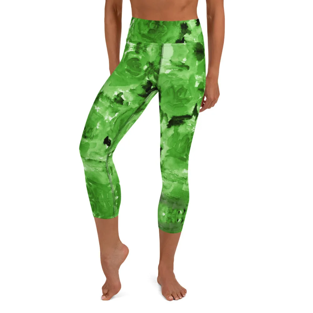 Green Abstract Yoga Capri Leggings, Fun Colorful Green Women's Capris Tights-Made in USA/EU