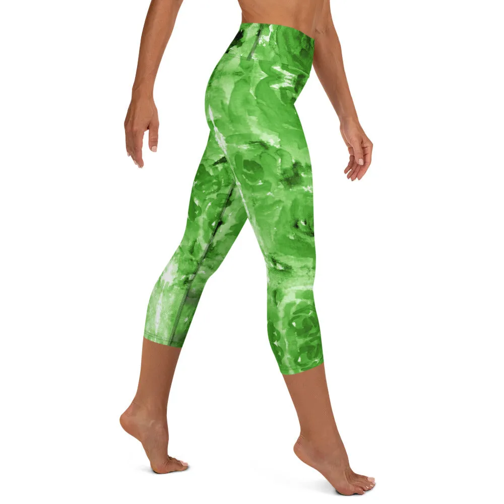 Green Abstract Yoga Capri Leggings, Fun Colorful Green Women's Capris Tights-Made in USA/EU