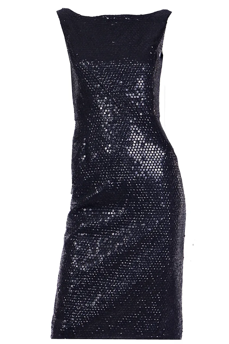 Isaac Mizrahi Vintage Black Sequin Bateau Neckline Sleeveless Evening Dress