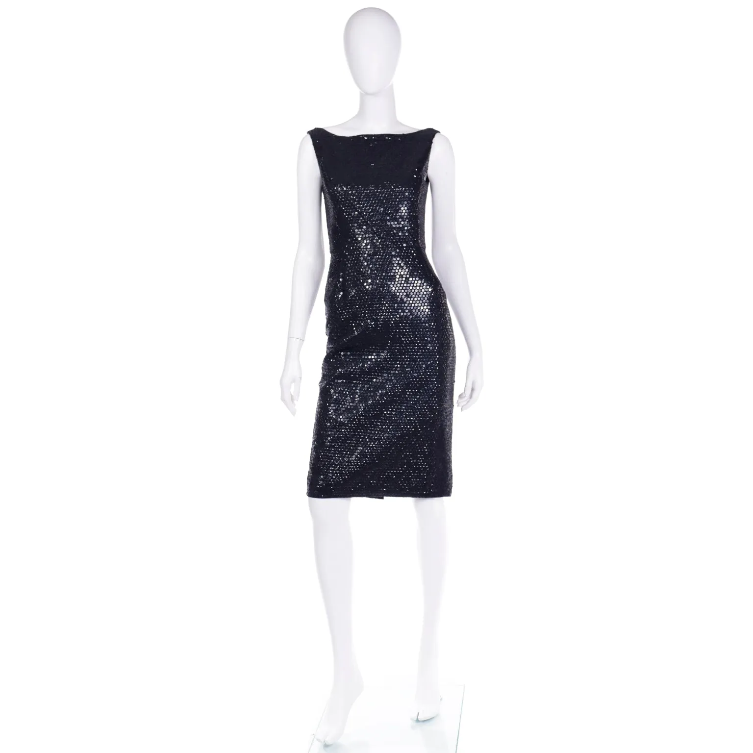 Isaac Mizrahi Vintage Black Sequin Bateau Neckline Sleeveless Evening Dress