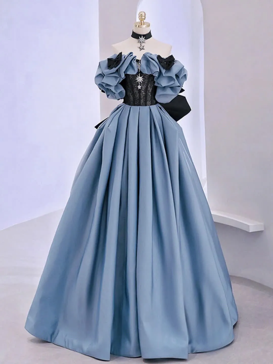 kamahe Unique Blue Prom Dress Off Shoulder Satin Lace Long Evening Dresses