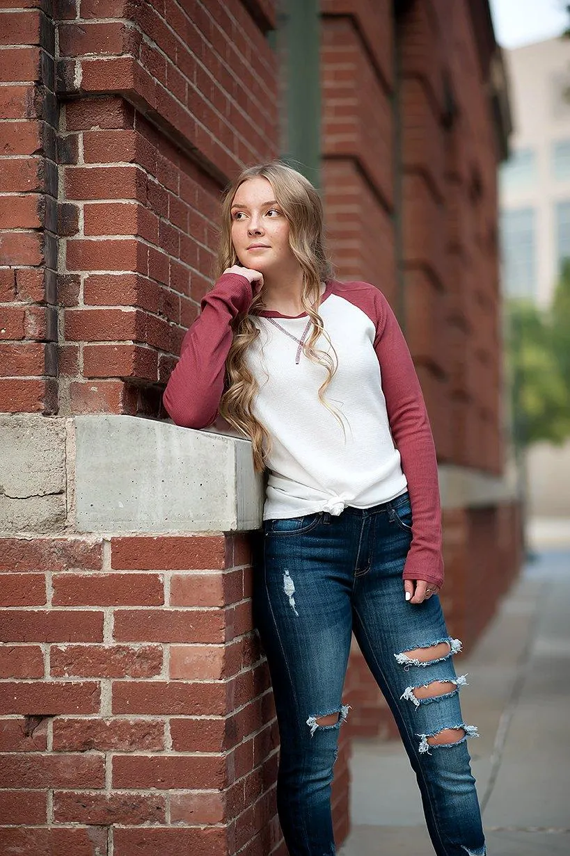 Long sleeve Thermal Baseball Tee in Ivory & Red