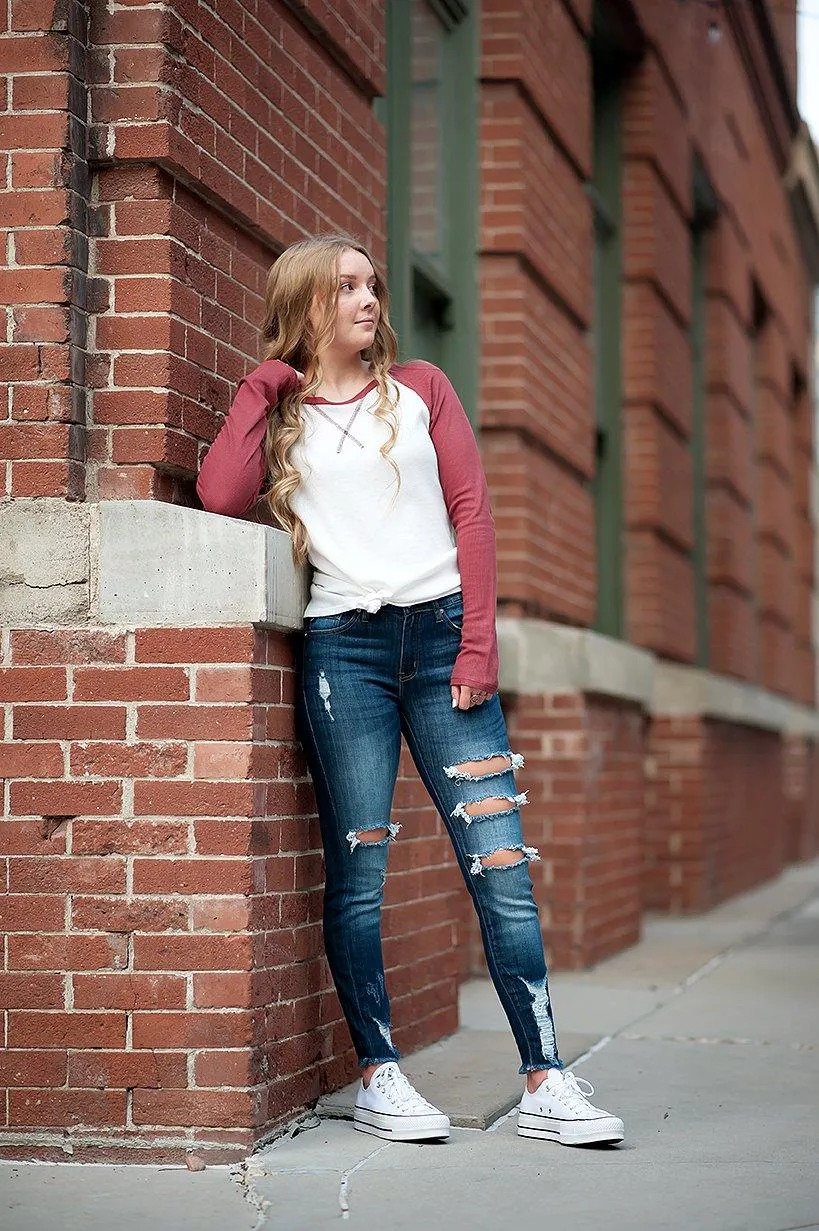 Long sleeve Thermal Baseball Tee in Ivory & Red