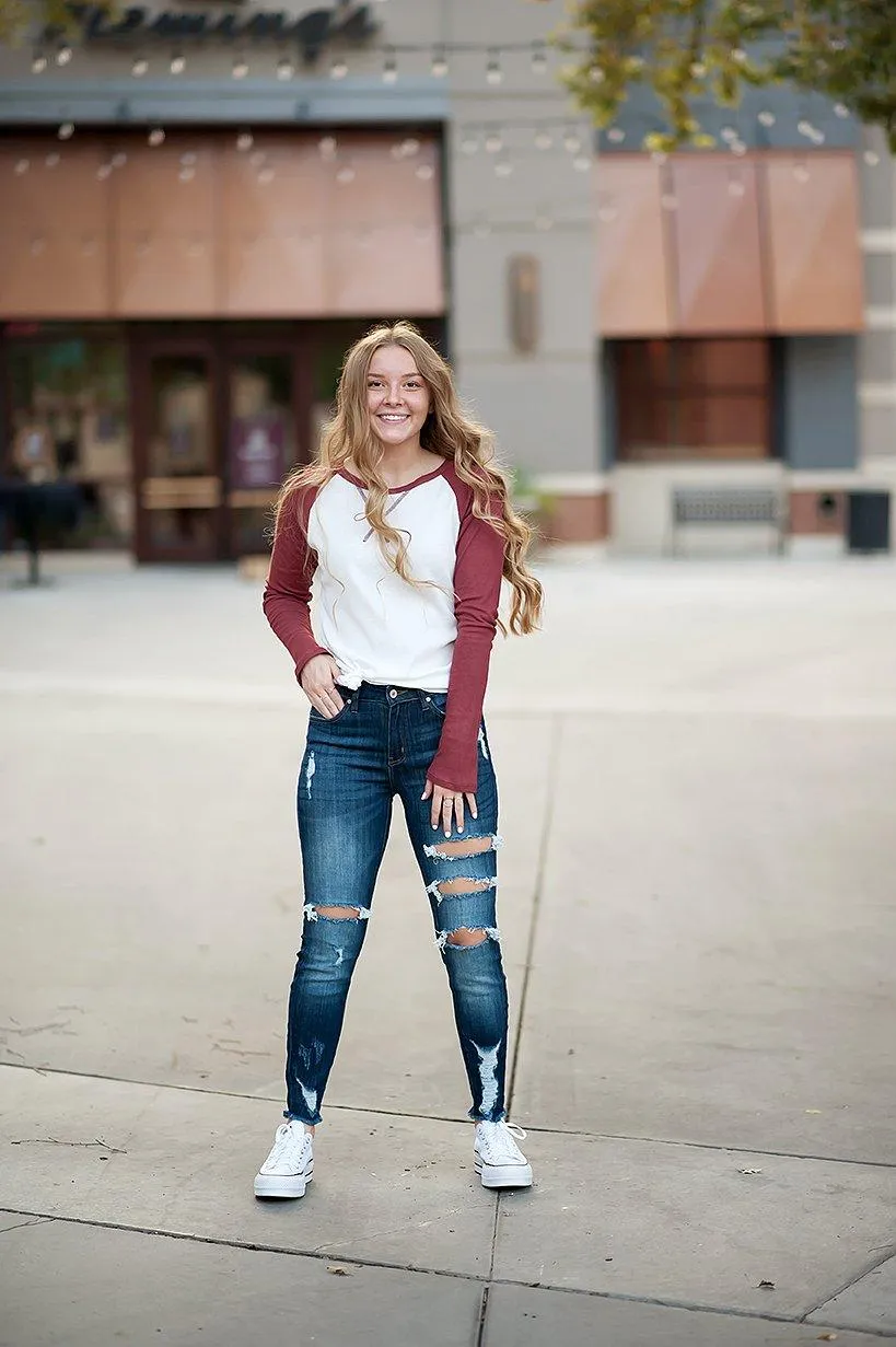 Long sleeve Thermal Baseball Tee in Ivory & Red