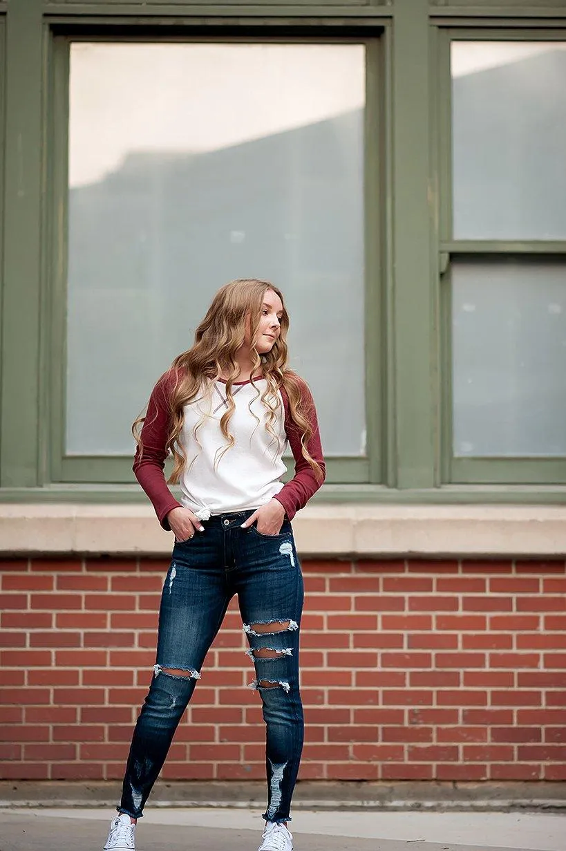 Long sleeve Thermal Baseball Tee in Ivory & Red