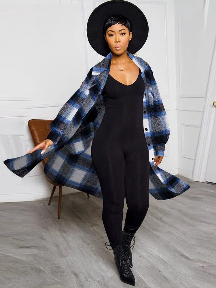 Long Sleeves Lapel Plaid Print Long Coats