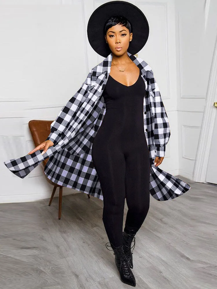 Long Sleeves Lapel Plaid Print Long Coats