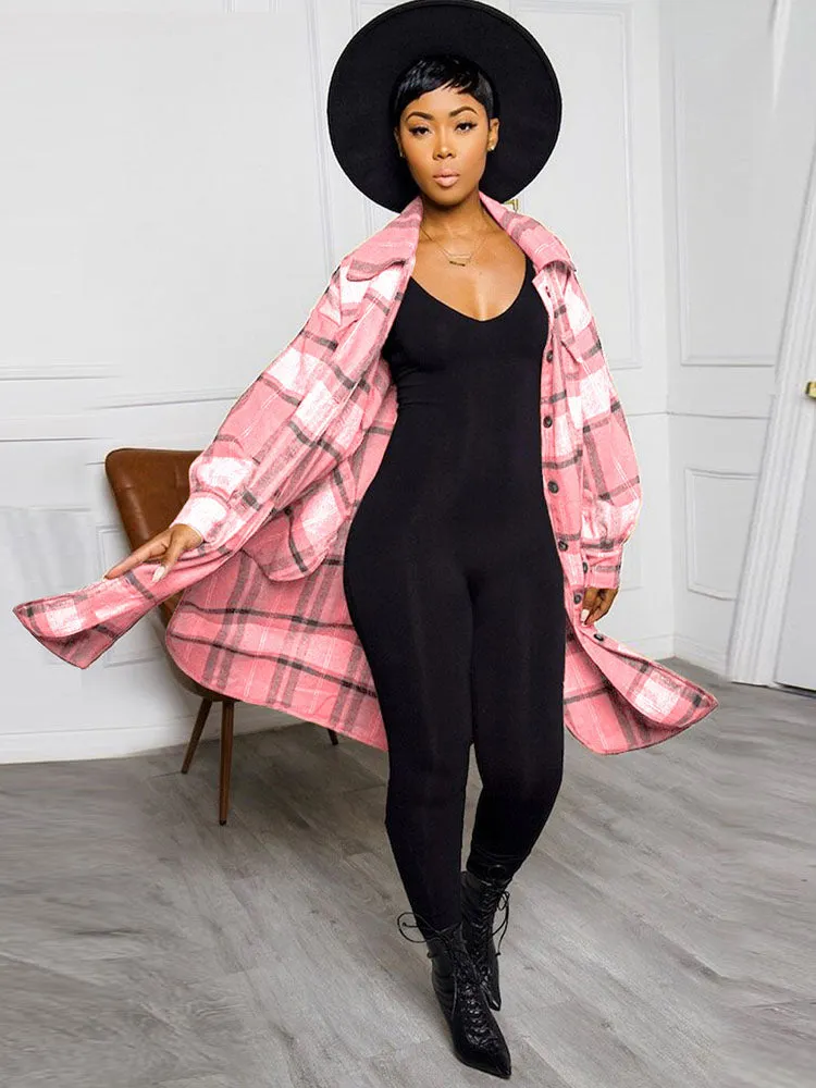 Long Sleeves Lapel Plaid Print Long Coats