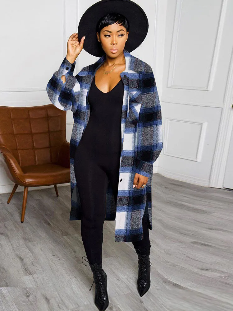 Long Sleeves Lapel Plaid Print Long Coats