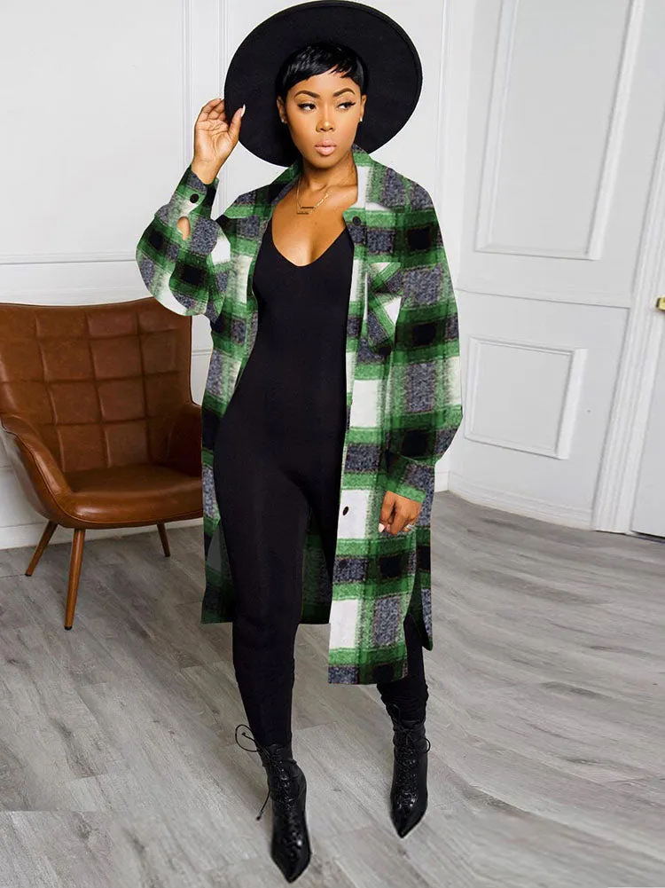 Long Sleeves Lapel Plaid Print Long Coats