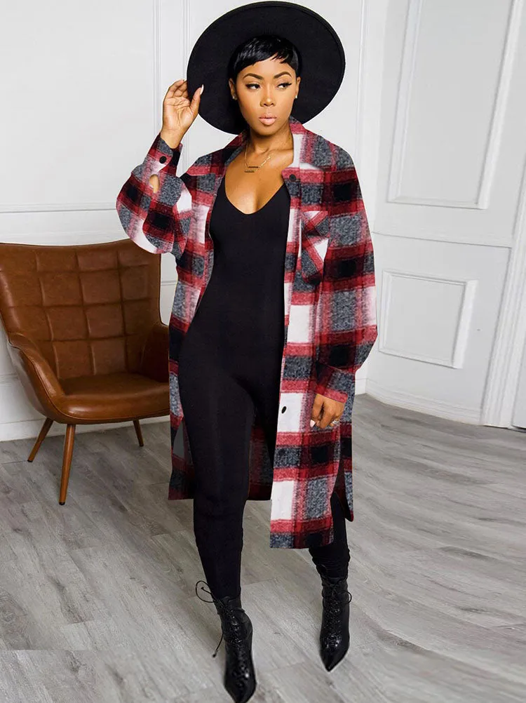 Long Sleeves Lapel Plaid Print Long Coats